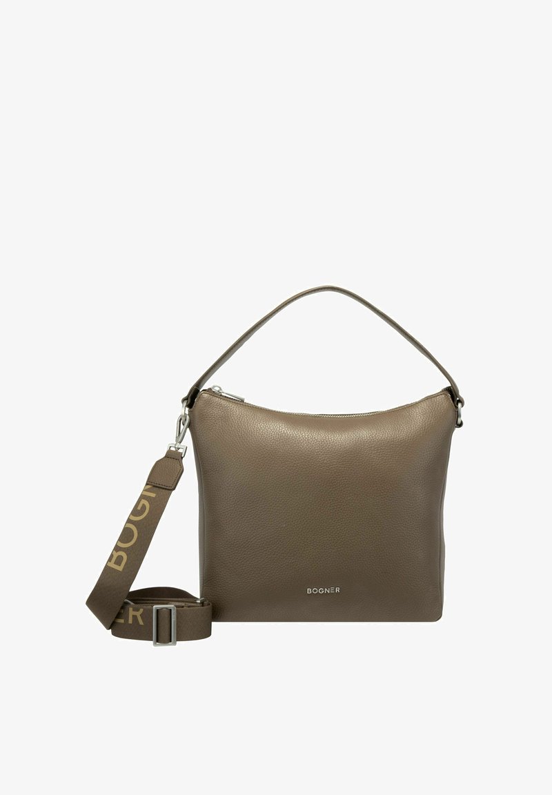 Borsa a spalla in pelle marrone con una texture liscia, chiusura a zip e tracolla rimovibile con logo. Forma compatta e rettangolare.