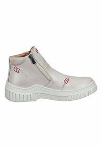 Light-colored leather ankle boot with a white rubber sole, featuring red accents and a side zipper for closure. Smooth texture, minimal design.