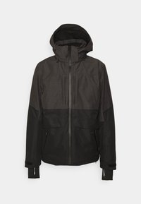 Veste à capuche noire et gris foncé avec fermeture éclair à l’avant, poches latérales zippées et poignets avec trous pour le pouce, conçue pour temps froid.