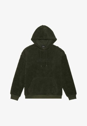 Olivově zelená mikina s kapucí vyrobená z měkkého, texturovaného fleece, s klokaní kapsou, stažitelnou kapucí a vyšívanými detaily na hrudi.