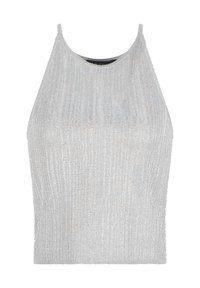 Top senza maniche argento con texture a coste e scollo alto, caratterizzato da un design senza cuciture e orlo dritto.