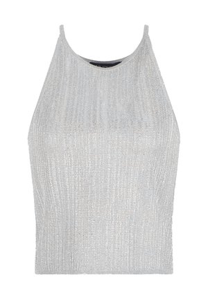 Top sin mangas de color plateado con textura acanalada y cuello alto, que presenta un diseño sin costuras y un dobladillo recto.