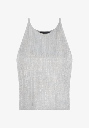 Top sin mangas de color plateado con textura acanalada y cuello alto, que presenta un diseño sin costuras y un dobladillo recto.