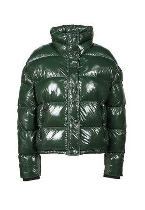 Giacca puffer verde con finitura lucida. Presenta un colletto alto, chiusura con bottoni e tasca laterale con zip. Forma squadrata con sezioni imbottite.