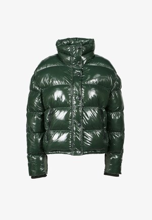 Chaqueta de plumas verde con un acabado brillante. Cuenta con un cuello alto, cierre de botones y un bolsillo lateral con cremallera. Forma cuadrada con secciones acolchadas.