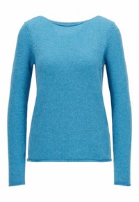 Pull en tricot à manches longues bleu clair avec un col rond et un ourlet légèrement roulé, présenté sur un fond blanc.