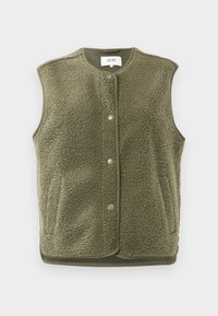 Fleece vest in olijfgroen, met een gestructureerd oppervlak, ronde hals, drukknoopsluiting en een contrasterende zoom. Zonder mouwen; casual ontwerp.