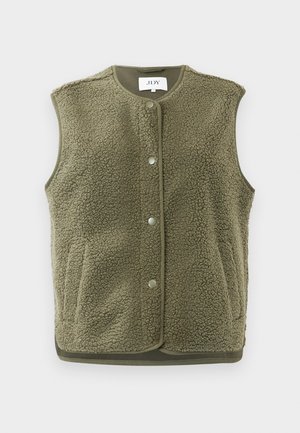 Gilet en polaire vert olive, avec une surface texturée, un col rond, des boutons-pression et une finition contrastée. Sans manches ; design décontracté.