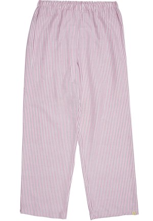 Lightweight, cotton sleep pants with a pink and white vertical stripe pattern, featuring an elastic waistband and loose fit.