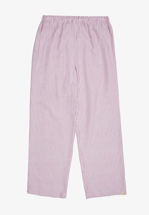 Lightweight, cotton sleep pants with a pink and white vertical stripe pattern, featuring an elastic waistband and loose fit.