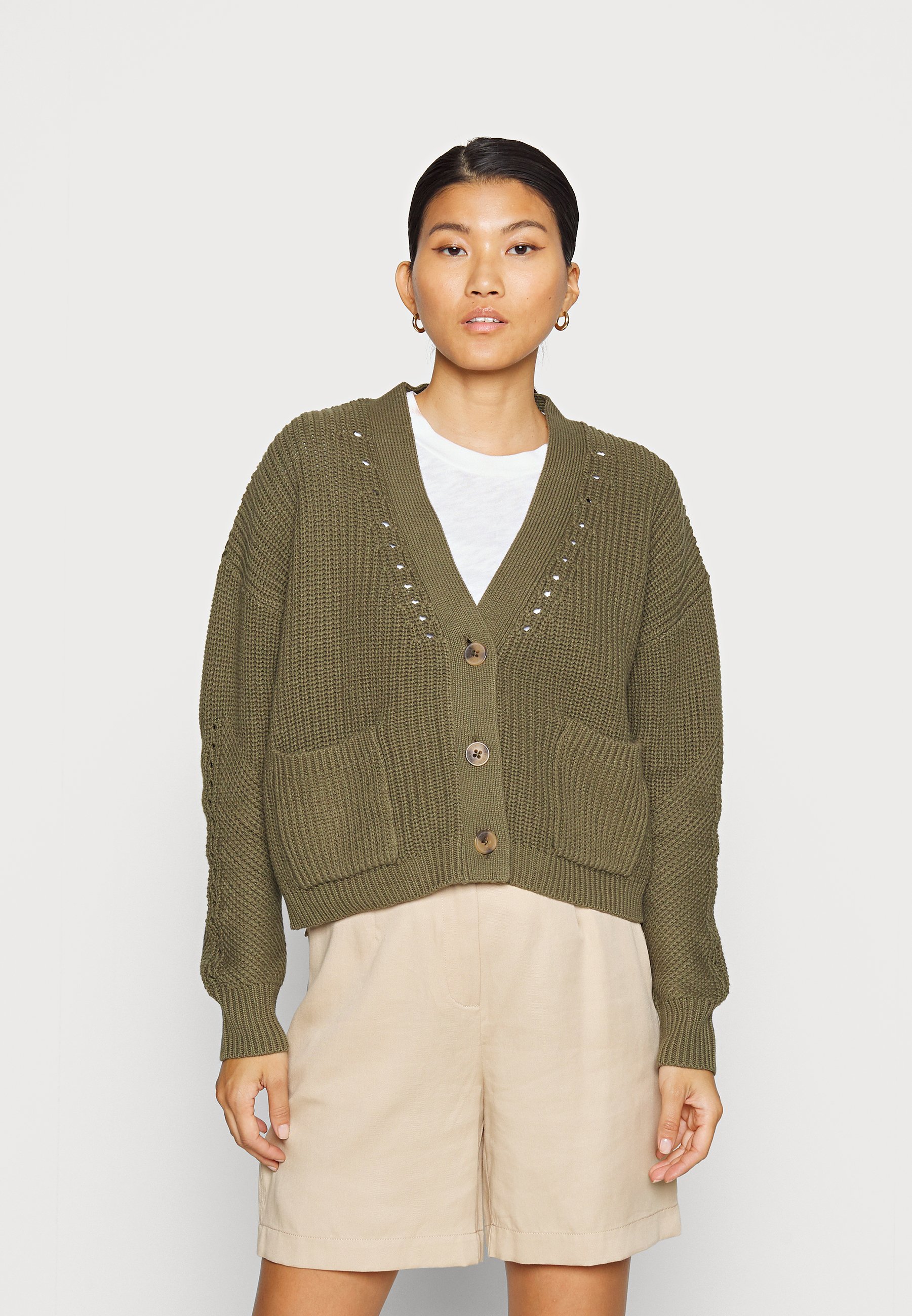 V NECK CARDIGAN - Cardigan - dark khaki 
