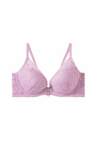 Soutien-gorge en dentelle lilas avec motif floral, bonnets souples, bords festonnés et fines bretelles réglables. Doté d'un petit accent matériel au centre.