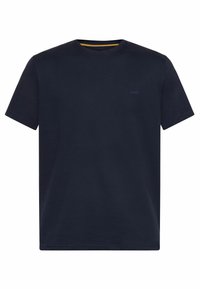 Marineblaue Baumwoll-T-Shirt mit kurzen Ärmeln, Rundhalsausschnitt und einem kleinen gestickten Logo auf der linken Brust. Glatte Textur, minimalistisches Design.
