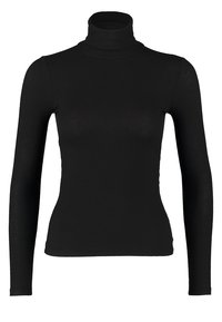 Svart ribbad polokrage med långa ärmar. Har en figurnära design och mjuk textur, perfekt för lager-på-lager eller avslappnad stil.