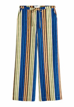 Wide-leg linen pants with vertical blue, green, yellow, and brown stripes and a drawstring waist.