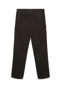 Dunkelbraune Cord-Hosen mit geradem Schnitt, Knopfverschluss, Fronttaschen und gerippter Textur.