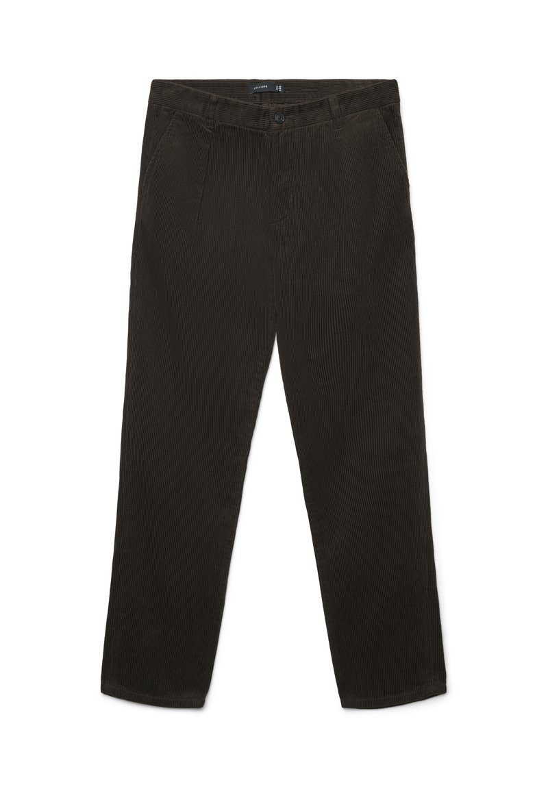 Dunkelbraune Cord-Hosen mit geradem Schnitt, Knopfverschluss, Fronttaschen und gerippter Textur.