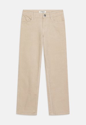 Beige Baumwollcordhose mit geradem Bein, ausgestattet mit Vorderentaschen, einem Metallknopf und einem weichen Textilfinish.