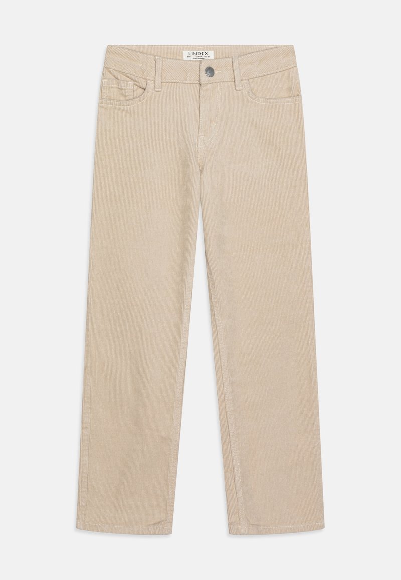 Beige kordfløyelsbukser med rette ben, med frontlommer, metallknapp og en myk teksturert finish.