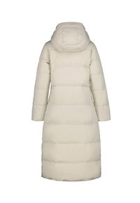 Pufferjas in off-white, met een capuchon, lange mouwen en een verticaal gequilt ontwerp. Gladde, glanzende textuur met een knielange snit.
