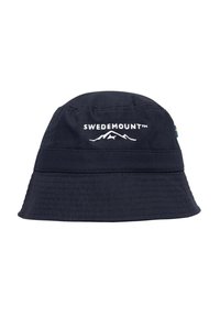 Marineblå bøttesløjfe lavet af letvægtsstof, med broderet "SWEDEMOUNT"-logo og bjergdesign foran.