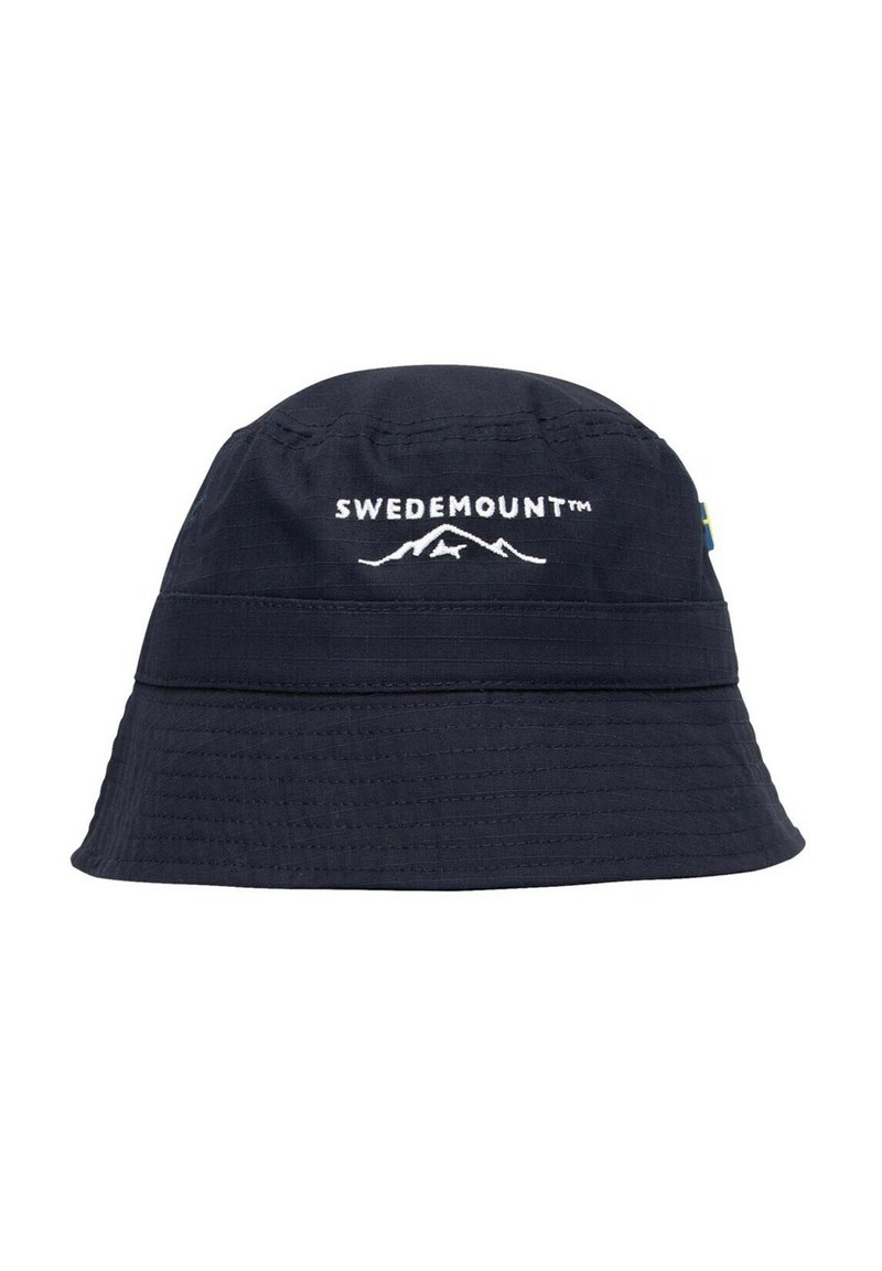 Marineblå bøttesløjfe lavet af letvægtsstof, med broderet "SWEDEMOUNT"-logo og bjergdesign foran.