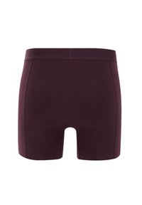 Boxeri bordeaux cu o textură netedă, având un tiv și un design cu un șanț deschis. Fără elemente de prindere vizibile sau modele suplimentare.