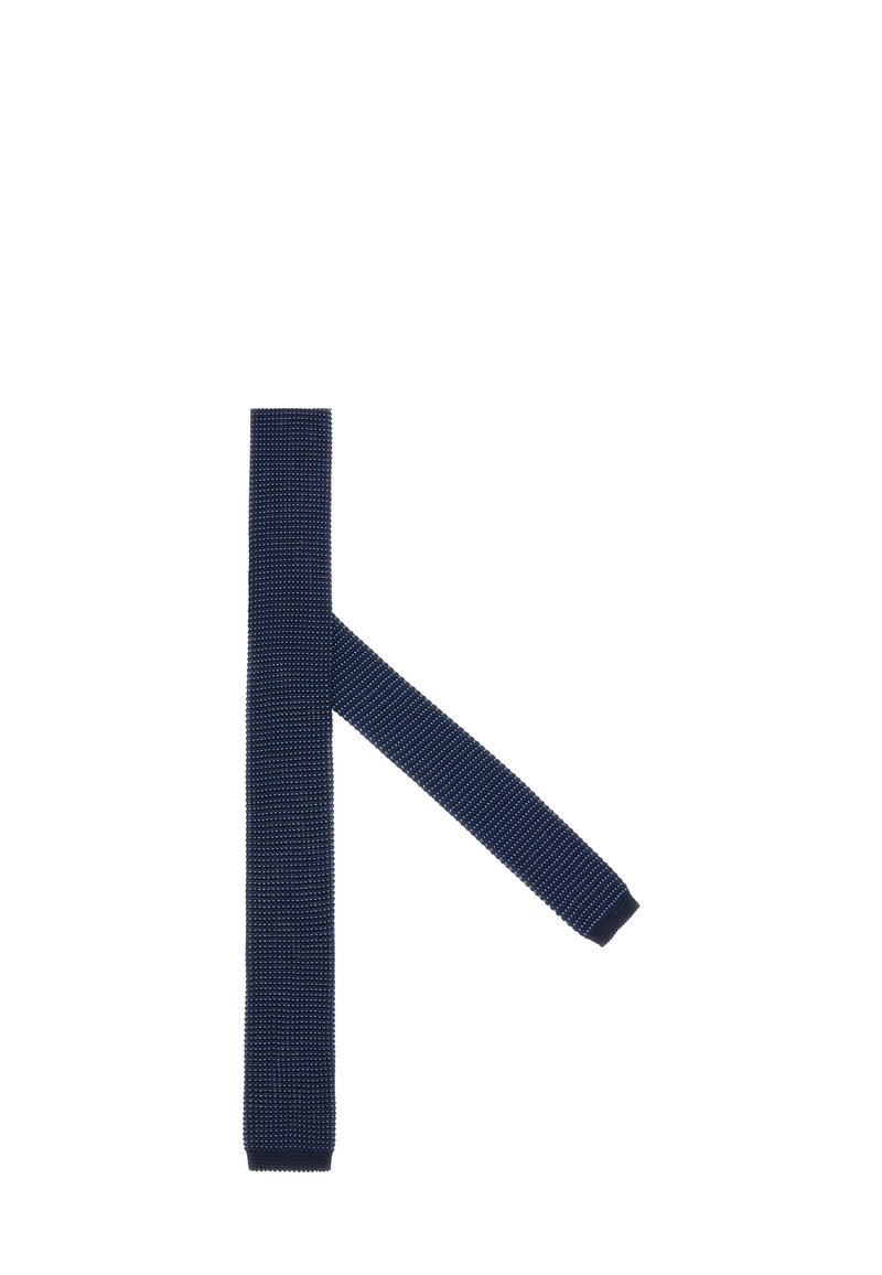 Marinblå stickad slips med en texturerad design, som har en smal form och raka kanter. Tyget har en ribbad yta med subtila detaljer.