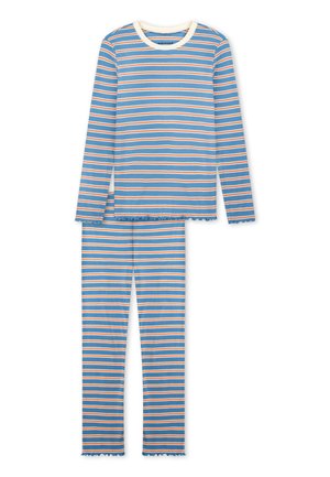 Ensemble haut à manches longues et pantalon avec des rayures horizontales bleu, blanc et orange et des bords volantés aux manches, à l'ourlet et aux jambes du pantalon.
