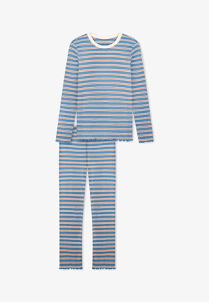 Set con maglia a maniche lunghe e pantaloni con righe orizzontali blu, bianche e arancioni e bordi arricciati su maniche, orlo e gambe dei pantaloni.