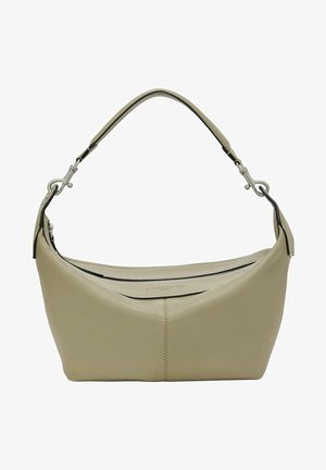 Beige leather handbag with a rounded shape, top zip closure, and a single adjustable shoulder strap. Features black accents and stitching.