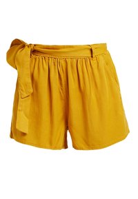 Żółte szorty wykonane z lekkiego materiału, z marszczoną talią, kieszeniami po bokach i detalem w postaci związanej wstążki z przodu.