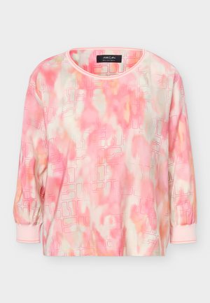 Damen-Sweatshirt mit langen Ärmeln, abstraktem Muster in Pink, Pfirsich und Creme sowie dezentem geometrischen Overlay, Rundhalsausschnitt und Ärmelbündchen.