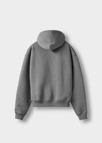 Gray hooded sweatshirt with a relaxed fit, ribbed hem and cuffs, soft texture, and a kangaroo pocket design. Back view displayed.