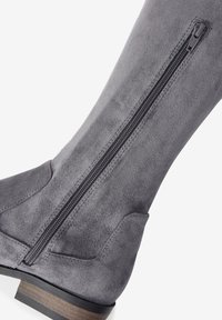 Stivale grigio in suede alto fino al ginocchio con zip laterale, dotato di un collarino leggermente curvo e tacco basso impilato, texture liscia e accenti minimali.