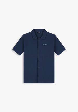 Donkerblauw overhemd met korte mouwen en knopen, subtiele verticale strepen en het "BALLIN'" logo op de linkerborst.