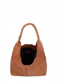 Sac à main en cuir marron avec une anse tressée et un dessus ouvert montrant un intérieur noir avec une petite poche zippée à l'intérieur.