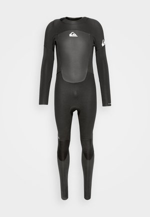 Traje de neopreno negro con mangas largas y piernas completas. Panel superior liso, secciones inferiores texturizadas, parches de rodilla reforzados y acentos de logotipo.