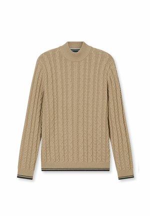 Beige Strickpullover mit langen Ärmeln, einem runden Kragen und gerippten Bündchen sowie Saum mit schwarzen Streifen. Texturiertes Gewebe mit erhabenem Muster.