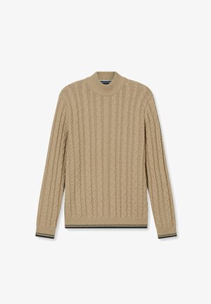 Beige Strickpullover mit langen Ärmeln, einem runden Kragen und gerippten Bündchen sowie Saum mit schwarzen Streifen. Texturiertes Gewebe mit erhabenem Muster.