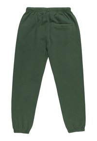 Groene katoenen joggers met een elastische tailleband, geribbelde enkels en een enkele achterzak. Zachte textuur met een gladde afwerking.