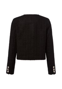 Czarna, teksturowana, skrócona kurtka z długimi rękawami i trzema srebrnymi guzikami na każdym mankiecie, pokazana z tyłu na białym tle.