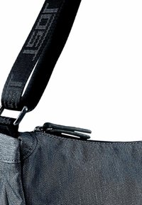 Borsa a spalla nera in nylon con superficie testurizzata, dotata di una larga tracolla con etichetta "Jost", parti in metallo e chiusura con zip.