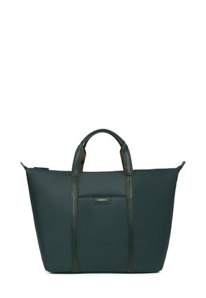Dark green tote bag made of textured material, featuring two sturdy handles, contrasting trim, and a front pocket with a small logo plaque.