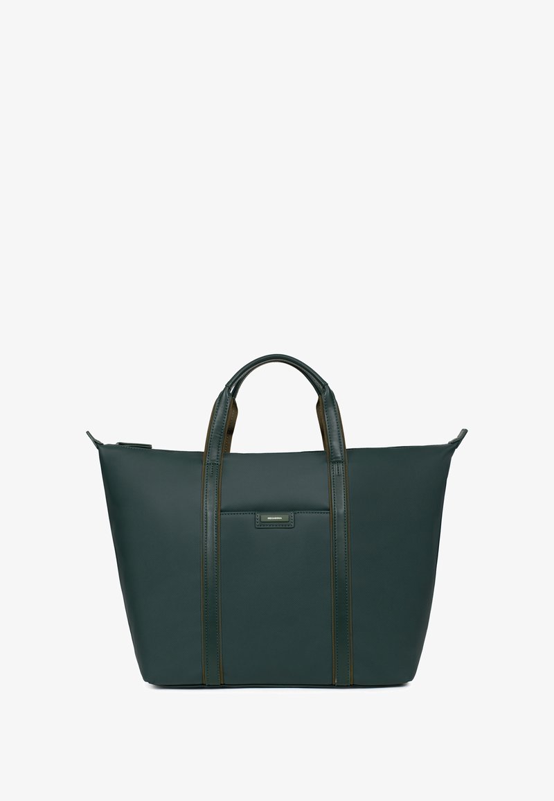 Dark green tote bag made of textured material, featuring two sturdy handles, contrasting trim, and a front pocket with a small logo plaque.
