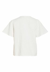 Blouse blanche à manches courtes avec de larges manches évasées et un ourlet droit, vue de dos sur un fond uni.