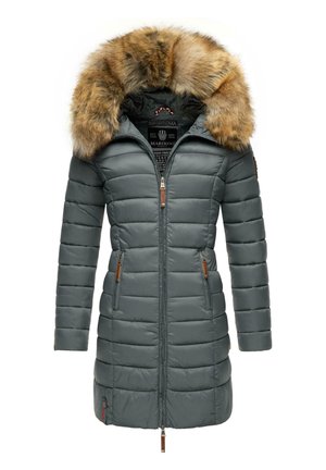 Gray padded coat with a faux fur lined hood, two zippered side pockets, brown leather accents, and vertical quilted design.