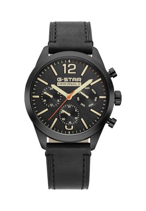 Orologio da polso nero G-Star Originals con tre quadranti secondari che mostrano l'ora su 24 ore, il giorno della settimana e la data, con cinturino in pelle nero.
