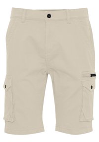 Bermuda cargo beige en mélange coton, avec deux poches latérales et une poche zippée, fermées par un bouton noir à la taille.