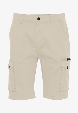 Beige cargo shorts lavet af bomuldsblanding, med to sidelommer og en lynlåslomme, samt en sort knaplukning i taljen.